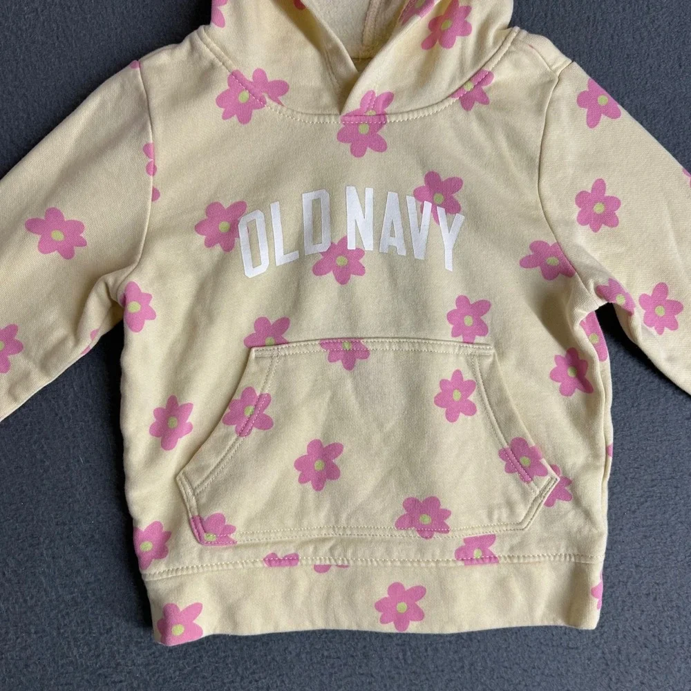 Old Navy Hoodie Girls 2T Yellow Pink Floral Logo Fleece Pullover Sweatshirt